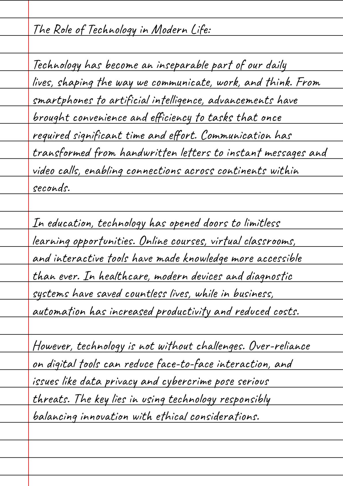 Handwritten essay on lined paper